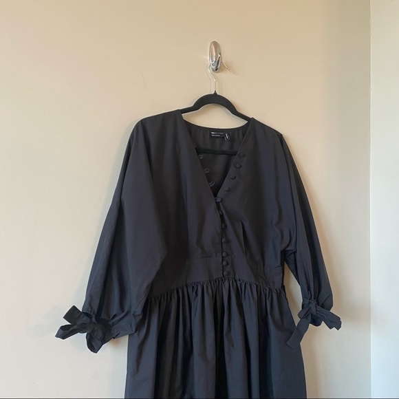 Asos Design Cotton Poplin Button Detail Mini Smock Dress with Tie Sleeves - Picture 7 of 10